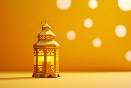 A golden lantern with a lit candle inside sits on a yellow background with blurred bokeh lights,...
