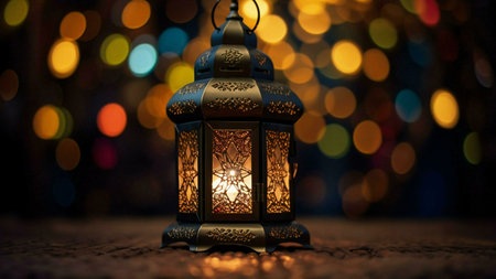 A beautifully crafted metal lantern with intricate details and a warm, inviting glow, perfect for a...