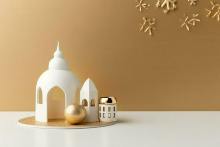 A white decorative mosque with golden accents on a white table with a golden background and decorative gold snowflakesの写真素材