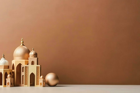 Golden mosque miniature placed on a brown background, symbolizing Islamic architecture and culture.の写真素材