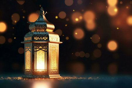 A beautifully crafted golden Ramadan lantern intricately with details, glowing brightly against a...