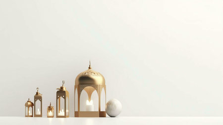 A collection of golden Ramadan lanterns against a white backgroundの写真素材