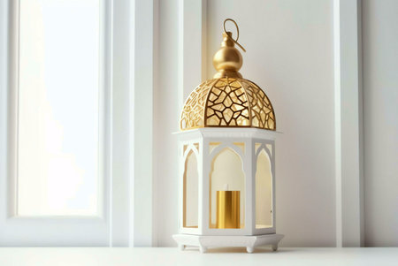A white lantern with gold accents and a candle inside, set against a window. The lantern has an intricate design and is a symbol of Islamic culture and festivity.の写真素材