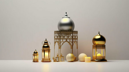 A still life featuring golden Ramadan lanterns and candles on a white background.の写真素材