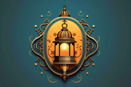 An ornate Islamic lantern illustration with a teal background.