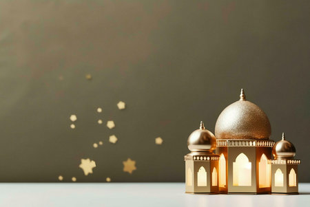A golden mosque model with illuminated windows and scattered stars, representing the celebration of Ramadan or Eid.の写真素材