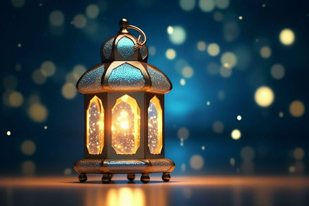 A golden lantern with intricate details, lit from within, stands against a dark background with...
