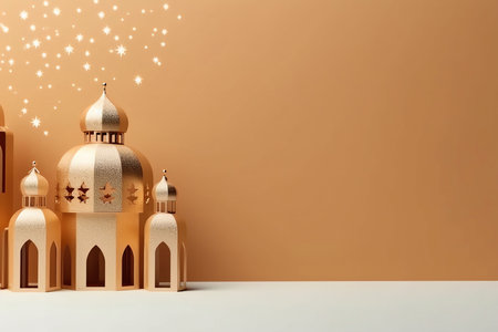 A golden mosque with star-shaped lights against a warm orange background.の写真素材