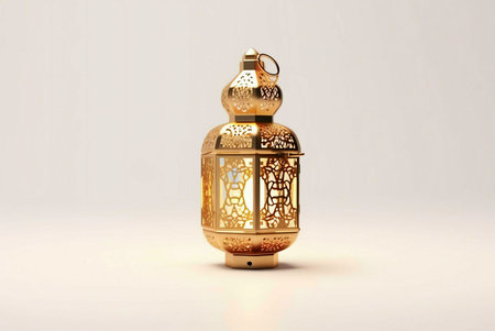 A golden Ramadan lantern, intricately designed, stands on a white background, radiating light and...
