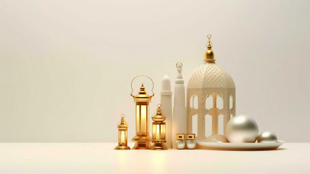 A collection of golden lanterns and white decorative elements, creating a festive atmosphere for Ramadan.の写真素材