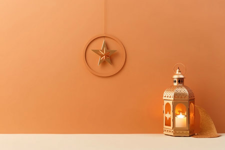 A golden lantern with a lit candle, decorated with a star, is a symbol of Ramadan, a festive and spiritual celebration for Muslims worldwide.の写真素材