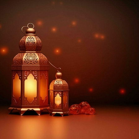 Two ornate golden lanterns with intricate designs illuminate a dark background, casting warm glow.