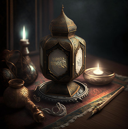 A close-up of an ornate gold and bronze lantern with a lit candle, creating a warm glow. The lantern...
