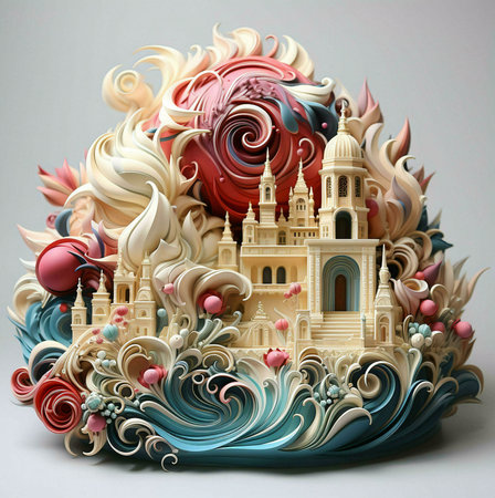 A intricately paper castle with floral details surrounded by swirling waves, a whimsical and romantic piece of art.の写真素材