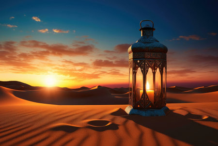 A lantern sits alone in the vast desert at sunset, casting a warm glow against the backdrop of golden sand dunes and a vibrant sky. The scene evokes a sense of peace and tranquilityの写真素材