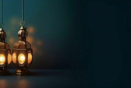 Two ornate golden lanterns with a warm glow against a teal background.