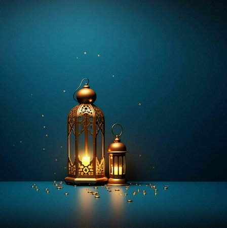 Two illuminated golden lanterns on a dark blue background with scattered golden stars, creating a warm and festive atmosphere.の写真素材