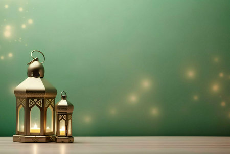 Two golden lanterns with candles lit inside, on a wooden surface, against a green sparkling background.の写真素材