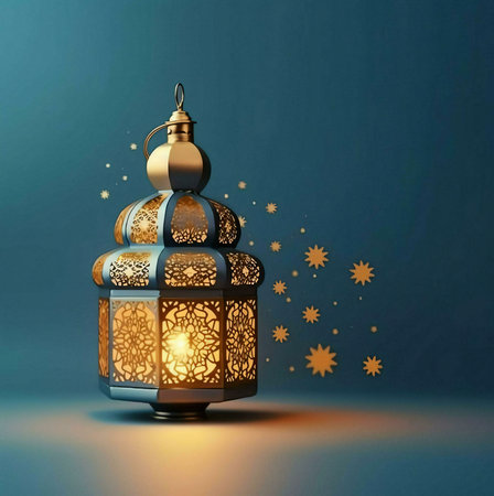 A golden ornate lantern glowing with a warm light against a dark blue background. The lantern...