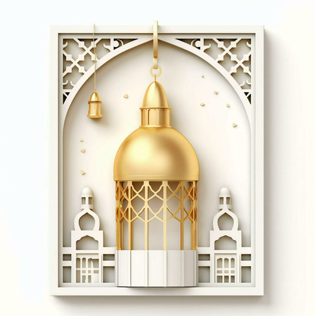 A golden lantern with design intricately hangs in a white frame. The frame is adorned with Islamic patterns. The lantern is a symbol of Ramadan and Eid.の写真素材