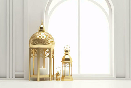 Three golden lanterns in a white interior with an arched window.の写真素材
