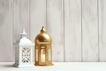 Two lanterns, one gold and one white, sit on a white wooden plank against a white wood plank background. The lanterns are decorative and perfect for adding a touch of elegance to any home.の写真素材