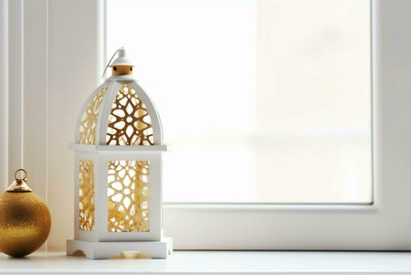 A white lantern with a gold ornament on a windowsill, a simple but elegant holiday decoration.