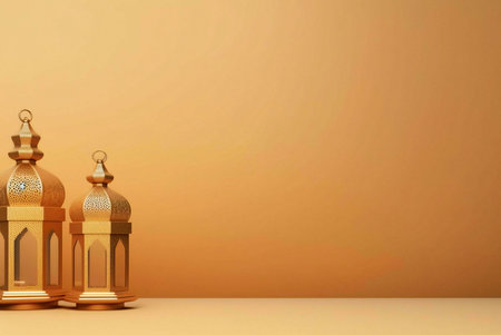 Two golden lanterns with intricate details, standing on a simple orange background. The lanterns are a symbol of Ramadan and other Muslim holidays.の写真素材