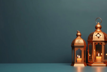Two golden lanterns with candles lit inside are placed on a teal background.の写真素材