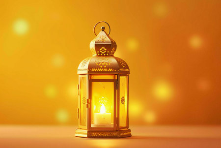 A golden lantern with intricate designs, illuminated by a flickering candle, set against a warm yellow background with bokeh effects. The image evokes a sense of peace, spirituality, and the beauty of Islamic traditions.の写真素材