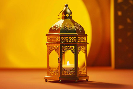 A golden lantern with intricate designs, illuminated by a warm candle glow. The lantern symbolizes light, hope, and faith during the holy month of Ramadan.の写真素材
