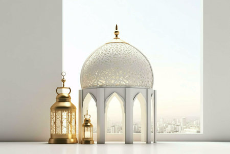 A white dome with intricately golden patterns sits on a white platform in front of a window with a cityscape view. Two golden lanterns with intricate patterns stand in front of the dome.の写真素材