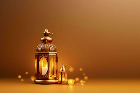Two golden lanterns with intricate designs illuminate a warm background, creating a serene and...