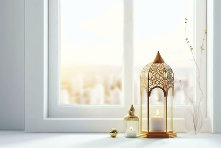 Two golden lanterns with intricate patterns sit on a white windowsill, with a candle lit inside the larger lantern. The sun shines through the window, casting a warm glow on the scene.の写真素材