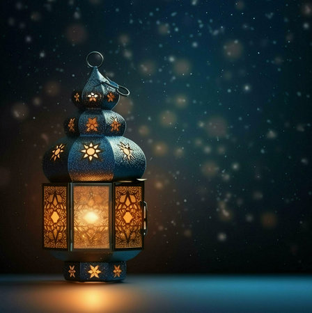 A close-up view of an ornate lantern with a glowing candle inside, creating a warm and inviting...
