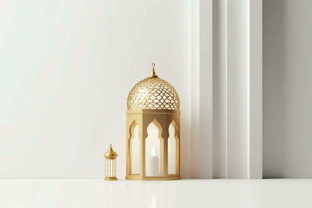 Two golden Islamic lanterns, one large and one small, stand on a white background with a wall behind...