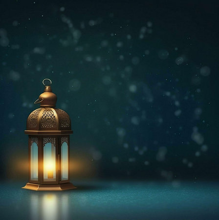 A golden Islamic lantern lit with a candle against a bokeh background
