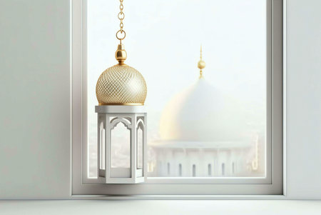 A golden Ramadan lantern hangs by a window with a view of a mosque dome in the distance.