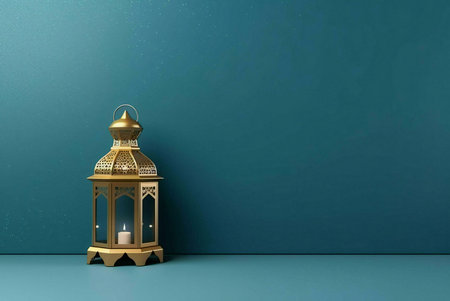 A golden Ramadan lantern with intricate details sits against a teal background, symbolizing hope and peace during the holy month.の写真素材