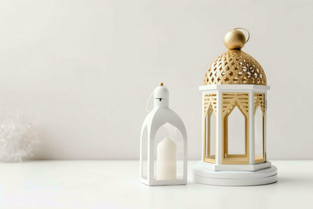 Two lanterns, one gold and one white, sit on a white surface, creating a simple and elegant scene.