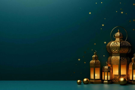 A group of golden lanterns with intricate designs, set against a teal background, symbolizing hope...