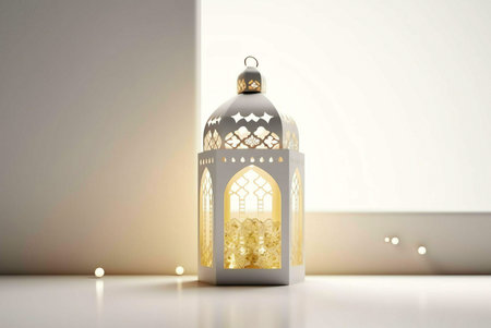 A white lantern with intricate design, lit up with warm glow, against a white background. It's a...