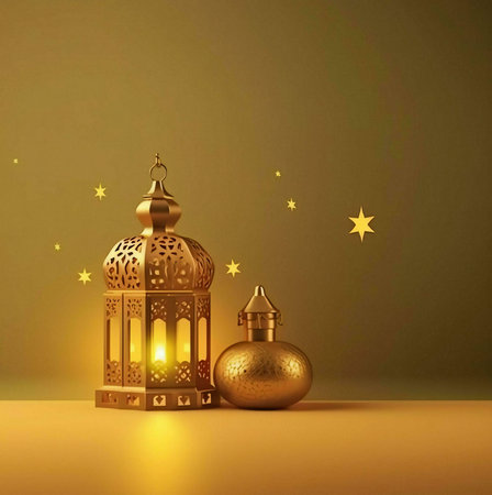 A golden lantern with intricate designs and a warm glow against a soft, golden background, evoking the spirit of Ramadan and its celebration.の写真素材