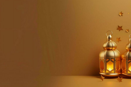 Two golden lanterns with intricate designs and glowing lights, surrounded by scattered golden stars on a yellow background.の写真素材