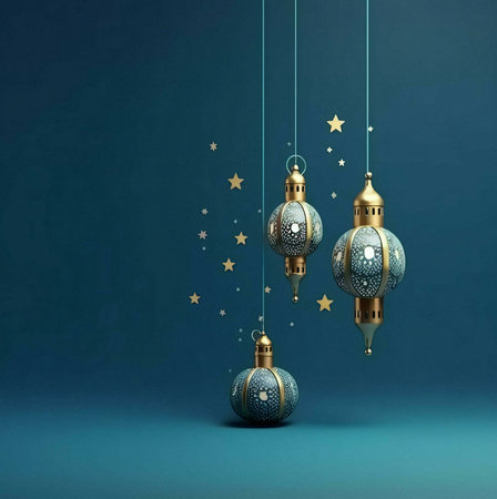 Three ornate lanterns hang against a teal background, decorated with golden stars. This image evokes...