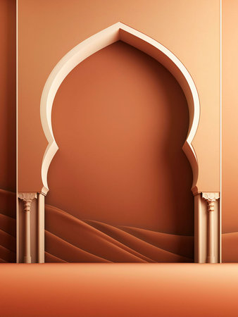 A 3D rendered image depicting a traditional archway with intricate details, set against a backdrop of desert dunes. The warm colors and minimalist design create a sense of serenity and wonder.の写真素材