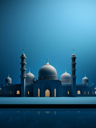 A digital illustration of a mosque against a blue sky with a reflection on the floor.