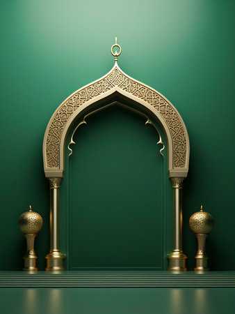 A golden archway with intricate details set against a green background. The archway features traditional Islamic patterns and symbolizes faith and spirituality.の写真素材