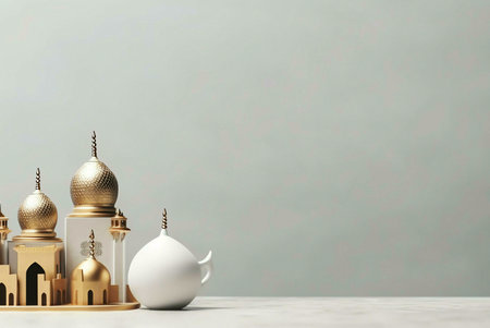 A miniature golden mosque model with a white pot on a marble surface, creating a simple yet elegant Islamic-inspired sceneの写真素材