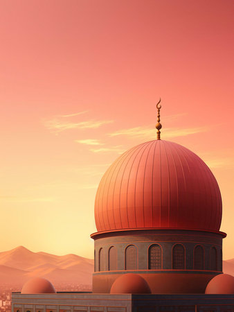 A golden dome of a mosque shines against a vibrant sunset sky. The dome is adorned with intricate details and is surrounded by a panoramic cityscape, showing the beauty of Islamic architecture.の写真素材